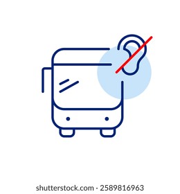 Bus and ear crossed out. Public transportation accessible for hearing-impaired people. No loud noises, no voice announcements. Pixel perfect, editable stroke vector icon