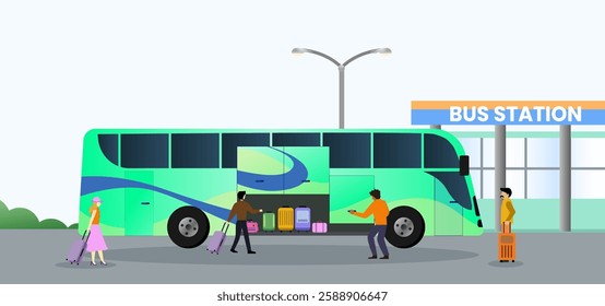 bus employee loading passengers' luggage at the bus station, bus passengers waiting to get onto the bus for a holiday trip