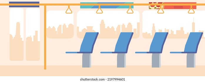 Bus Empty Interior with Glass Door, Seats, Handles, Pole and Large Windows with Cityscape View, Public City Transport, Commuter Salon Design. Cartoon Vector Illustration