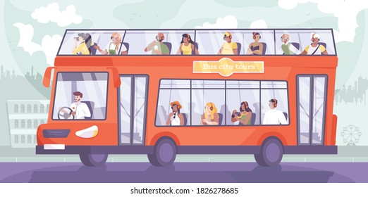 Bus excursion flat composition with cityscape silhouette background and doubledeck sightseeing bus with group of tourists vector illustration