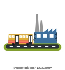 Bus and factory on street