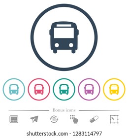 Bus flat color icons in round outlines. 6 bonus icons included.