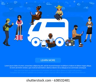 Bus flat vector concept. Illustration of young people tourist near bus large icon.