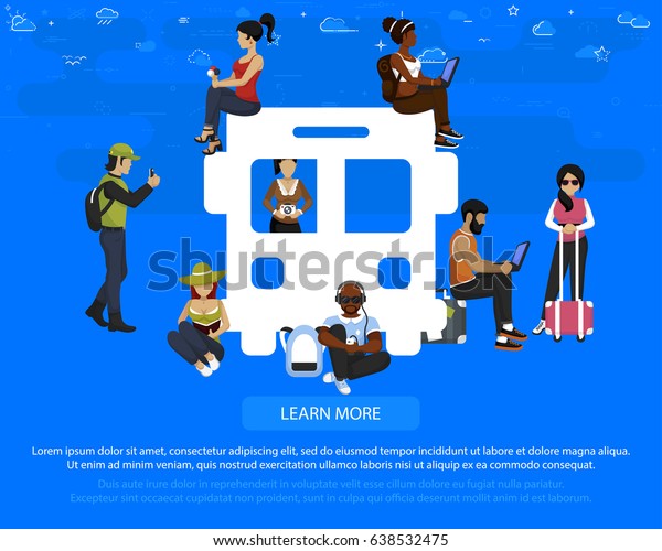 Bus flat vector concept. Illustration of\
young people tourist near bus large\
icon.