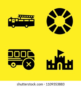 bus, float, fire truck and sand castle vector icon set. Sample icons set for web and graphic design