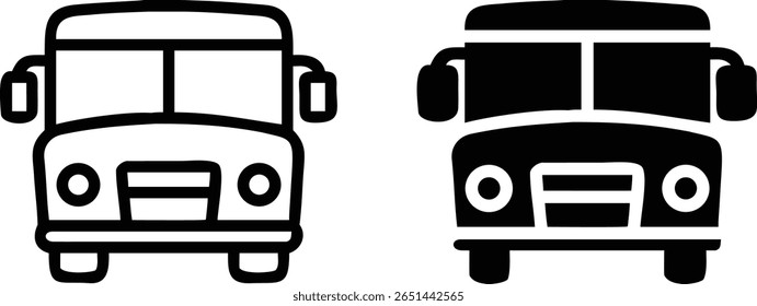 Bus Front Icon Set, Black and White Vector, Public Transport Silhouette Outline Illustration