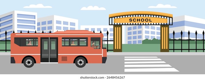 Bus in front of school gate. School fence. School transportation. Bus school. Schools building. Bus stop landscape. Elementary. College buildings.
