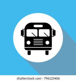 Bus front vector icon for public transport blue background flat shadow white circle