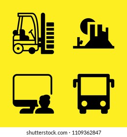 bus front view, computer, valley and forklift vector icon set. Sample icons set for web and graphic design