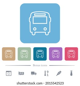 Bus front view outline white flat icons on color rounded square backgrounds. 6 bonus icons included