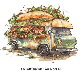 Bus full of all sorts marijuana. Cannabis fest. Street selling of weeds. Cartoon. Caricature.

