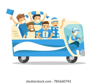 Bus full of cheerful caucasian white football team players in blue outfit celebrating the victory in the football championship. Vector cartoon illustration isolated on white background. Square layout.