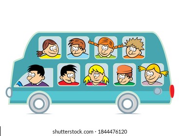 Bus full of people, humorous characters, vector illustration