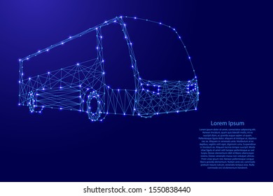 Bus from futuristic polygonal blue lines and glowing stars for banner, poster, greeting card. Vector illustration.