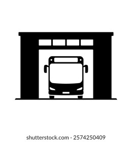 Bus in garage icon. Car wash, service. Black silhouette. Front view. Vector simple flat graphic illustration. Isolated object on white background. Isolate.