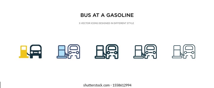 bus at a gasoline station icon in different style vector illustration. two colored and black bus at a gasoline station vector icons designed in filled, outline, line and stroke style can be used for