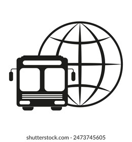 Autobús con globo. Concepto de transporte global. Ilustración vectorial negra. Viajes y movilidad.