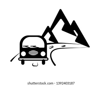 The bus goes to the mountains. Graphic wall sticker. Road label. Monochrome illustration for print poster, stickers on cars. Travel emblem about travel. Vector card with transport