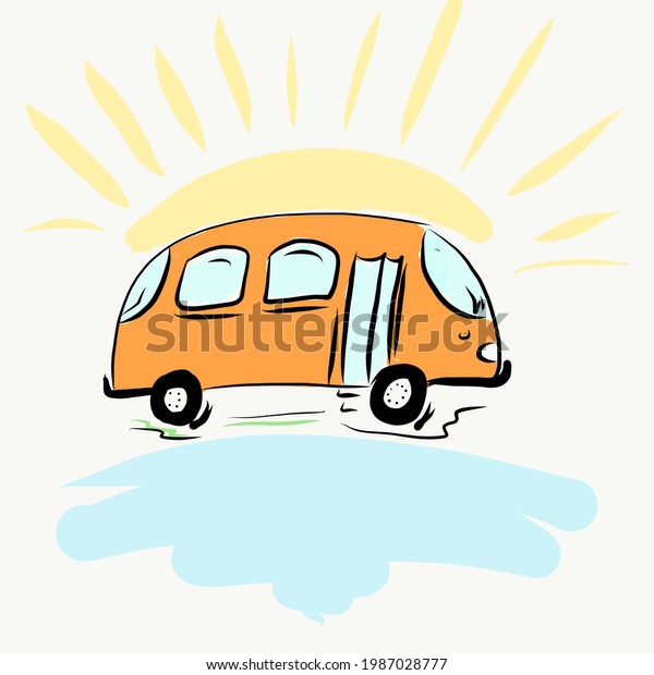 the bus goes on a trip to warm countries against the\
background of the sun