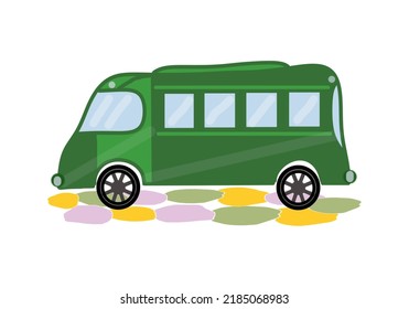 The bus is green, the road is made of colored spots, a drawing in a cartoon style, a color illustration, on a transparent background, for children's design