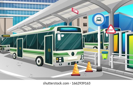 Bus Halte Station in the Modern City with High Building, Traffic Lights, Recycle Trash and Banner Advertiser for Vector Illustration Interior Design Ideas-01