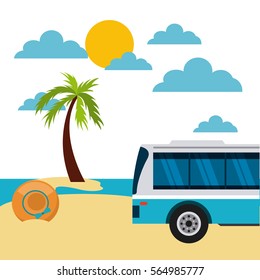 bus and hat on the beach. colorful design. travel and tourism concept. vector illustration