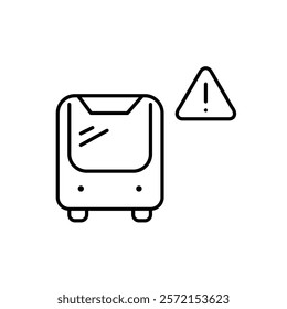 Bus and hazard alert symbol. Exclamation mark in triangle. Transit system safety warning, accident emergency notification. Passenger risks and security. Pixel perfect vector icon