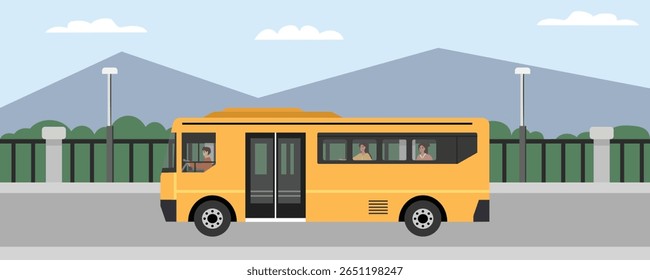 Férias de ônibus para a zona rural. Ônibus viajando. Ônibus na ponte. Estrada de montanha. Feriado. Paisagem rural.