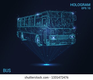 The bus is a hologram. Digital and technological background of the bus. Futuristic bus design