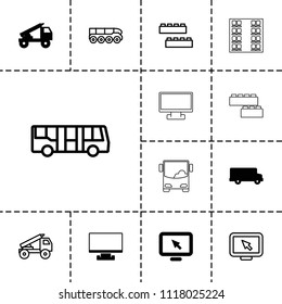 Bus icon. collection of 13 bus filled and outline icons such as truck rocket, child building kit, display pointer, weapon truck. editable bus icons for web and mobile.