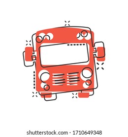 Bus icon in comic style. Coach car cartoon vector illustration on white isolated background. Autobus splash effect business concept.