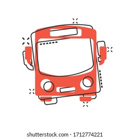 Bus icon in comic style. Coach car cartoon vector illustration on white isolated background. Autobus splash effect business concept.