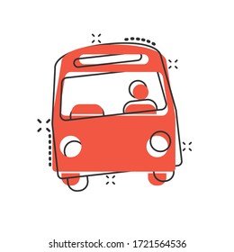 Bus icon in comic style. Coach cartoon vector illustration on white isolated background. Autobus vehicle splash effect business concept.