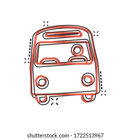 Bus icon in comic style. Coach cartoon vector illustration on white isolated background. Autobus vehicle splash effect business concept.