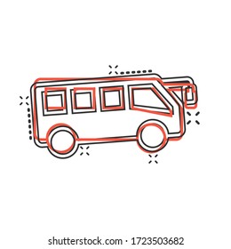 Bus icon in comic style. Coach cartoon vector illustration on white isolated background. Autobus vehicle splash effect business concept.