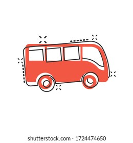 Bus icon in comic style. Coach cartoon vector illustration on white isolated background. Autobus vehicle splash effect business concept.