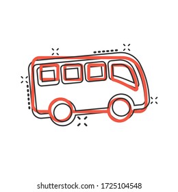 Bus icon in comic style. Coach cartoon vector illustration on white isolated background. Autobus vehicle splash effect business concept.