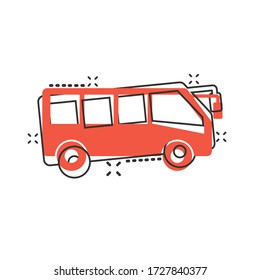 Bus icon in comic style. Coach cartoon vector illustration on white isolated background. Autobus vehicle splash effect business concept.