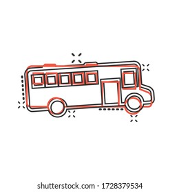 Bus icon in comic style. Coach cartoon vector illustration on white isolated background. Autobus vehicle splash effect business concept.