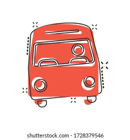 Bus icon in comic style. Coach cartoon vector illustration on white isolated background. Autobus vehicle splash effect business concept.