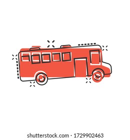 Bus icon in comic style. Coach cartoon vector illustration on white isolated background. Autobus vehicle splash effect business concept.