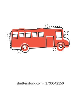 Bus icon in comic style. Coach cartoon vector illustration on white isolated background. Autobus vehicle splash effect business concept.