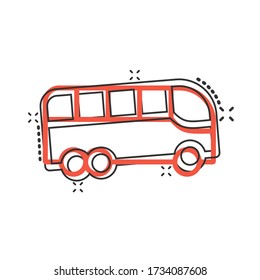 Bus icon in comic style. Coach cartoon vector illustration on white isolated background. Autobus vehicle splash effect business concept.