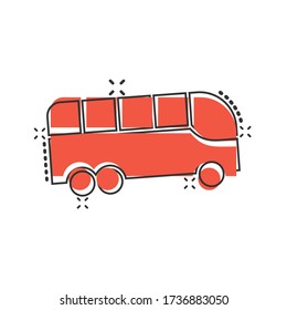 Bus icon in comic style. Coach cartoon vector illustration on white isolated background. Autobus vehicle splash effect business concept.