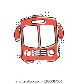 Bus icon in comic style. Coach car cartoon vector illustration on white isolated background. Autobus splash effect business concept.