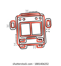 Bus icon in comic style. Coach car cartoon vector illustration on white isolated background. Autobus splash effect business concept.