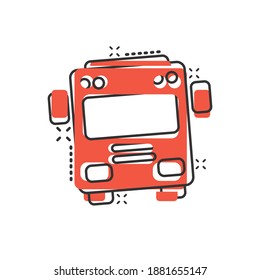 Bus icon in comic style. Coach car cartoon vector illustration on white isolated background. Autobus splash effect business concept.