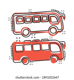 Bus icon in comic style. Coach cartoon vector illustration on white isolated background. Autobus vehicle splash effect business concept.