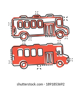 Bus icon in comic style. Coach cartoon vector illustration on white isolated background. Autobus vehicle splash effect business concept.