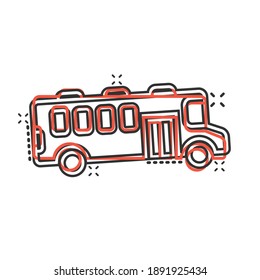 Bus icon in comic style. Coach cartoon vector illustration on white isolated background. Autobus vehicle splash effect business concept.